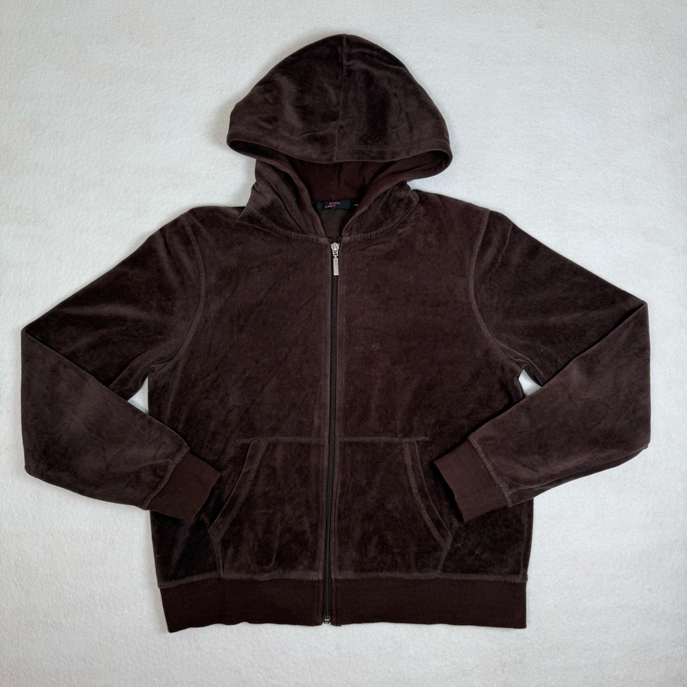 Pink Lady Y2K Dark Brown Velour Zip-Up Hoodie Cropped Track Jacket Womens Large